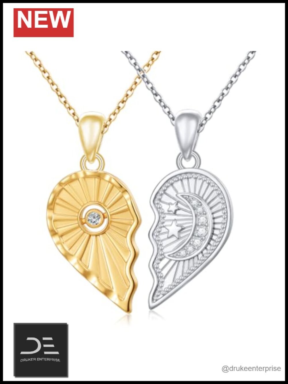 Sun Moon Split Heart Pendant Necklace Set 925 Sterling Silver 18K Gold Plated CZ